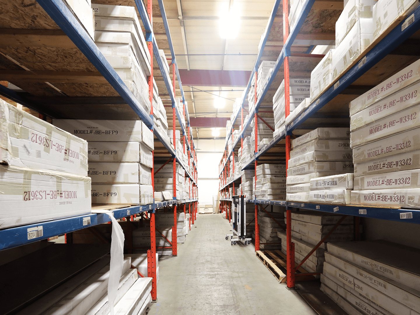 Burnaby warehouse aisles stocked with cabinets
